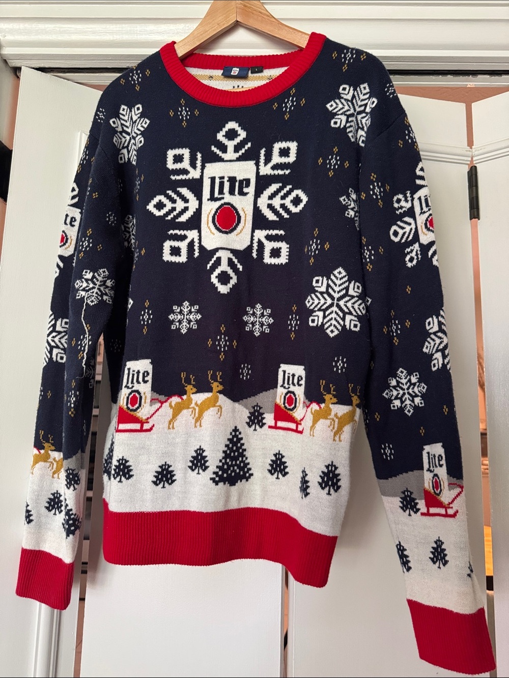 Miller Lite Navy Holiday Sweater with Red Trim Large